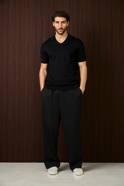 Creme Knitted Short Sleeve Polo – Black
