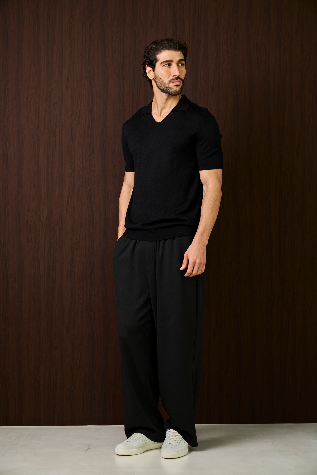 Creme Knitted Short Sleeve Polo – Black