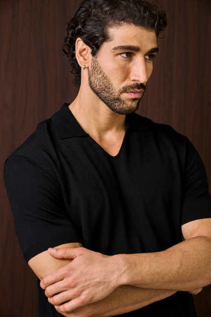 Creme Knitted Short Sleeve Polo – Black