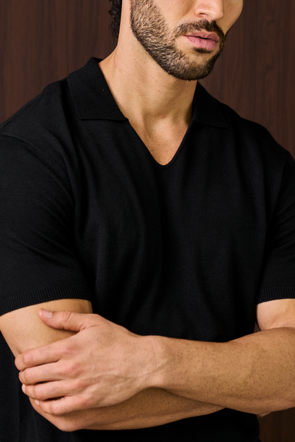 Creme Knitted Short Sleeve Polo – Black