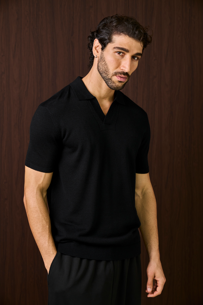 Soleil Knitted Short Sleeve Polo – Black