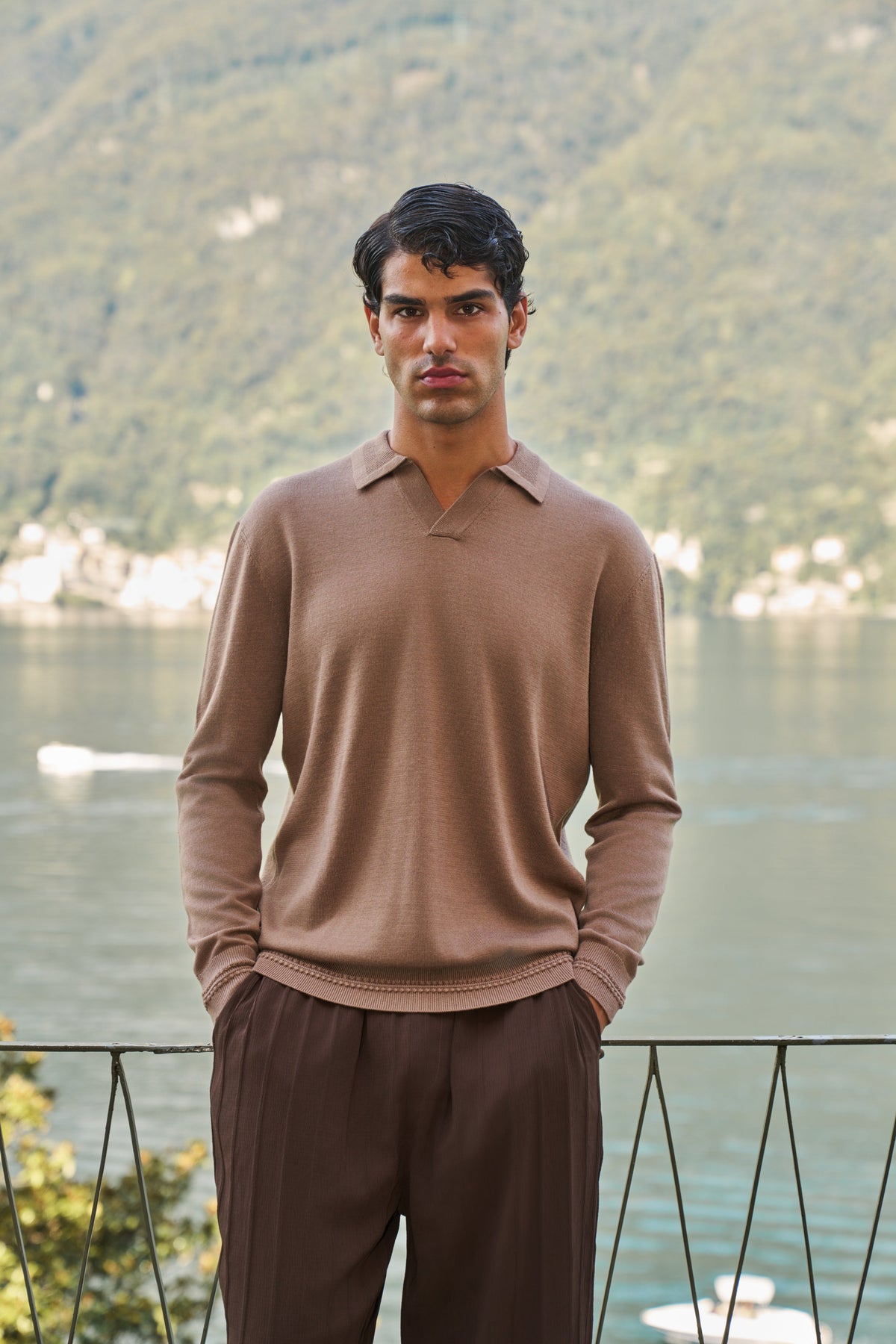 Rivoli Knitted Longsleeve Polo – Taupe