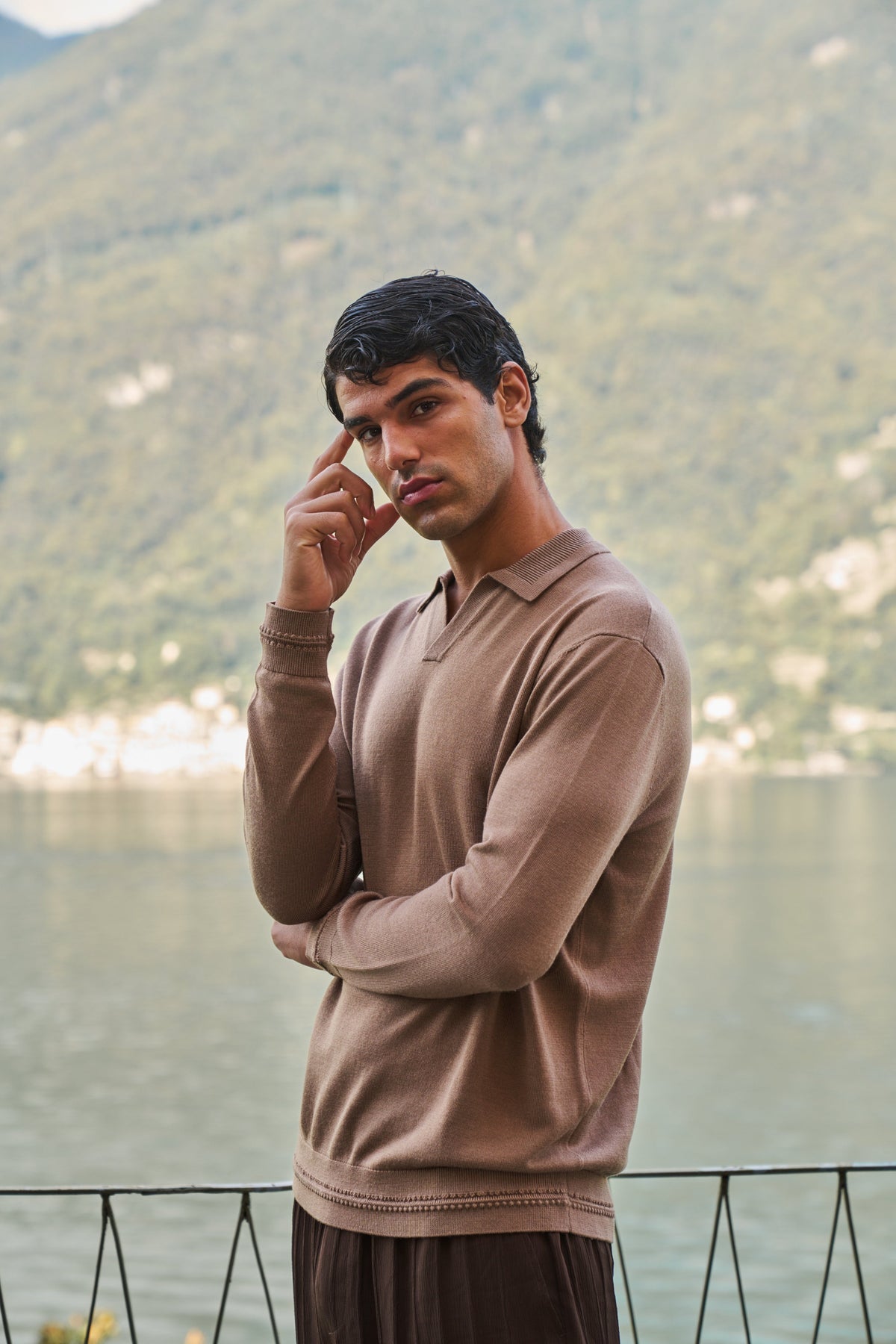 Rivoli Knitted Longsleeve Polo – Taupe