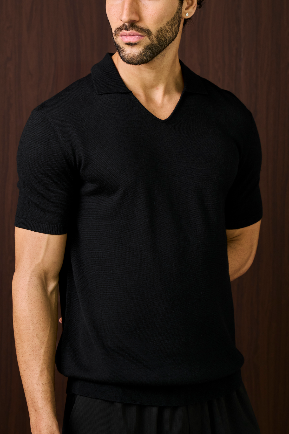 Creme Knitted Short Sleeve Polo – Black