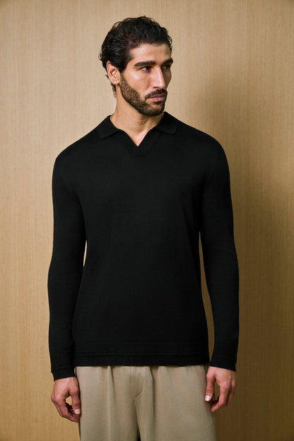 Rivoli Knitted Longsleeve Polo – Black