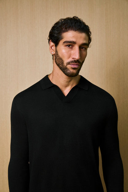 Rivoli Knitted Longsleeve Polo – Black