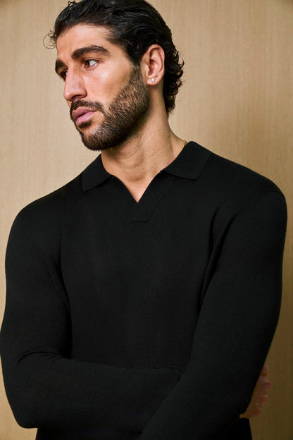 Rivoli Knitted Longsleeve Polo – Black