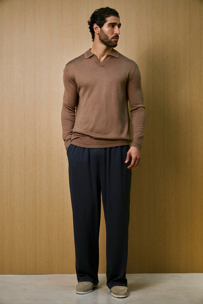 Rivoli Knitted Longsleeve Polo – Taupe