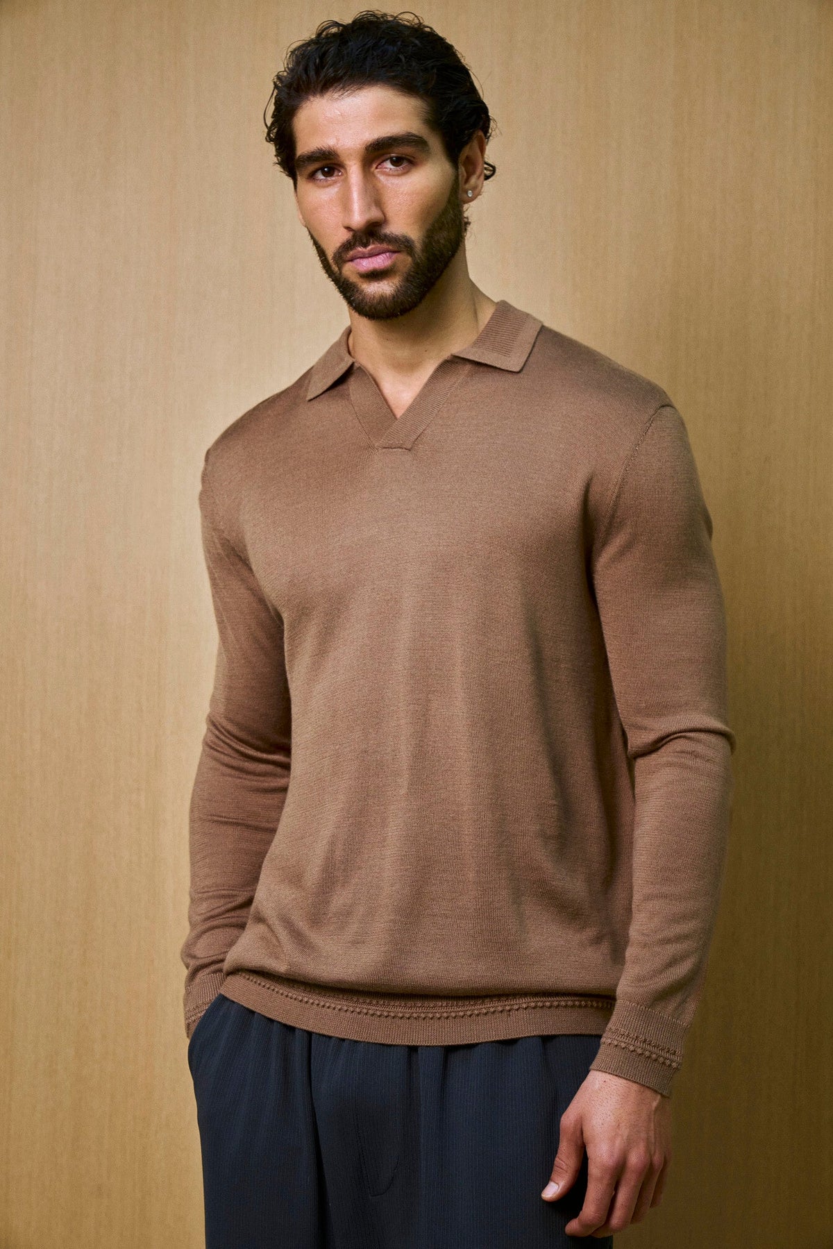 Rivoli Knitted Longsleeve Polo – Taupe