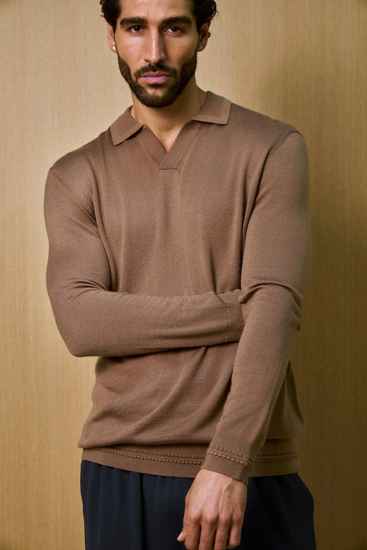 Rivoli Knitted Longsleeve Polo – Taupe