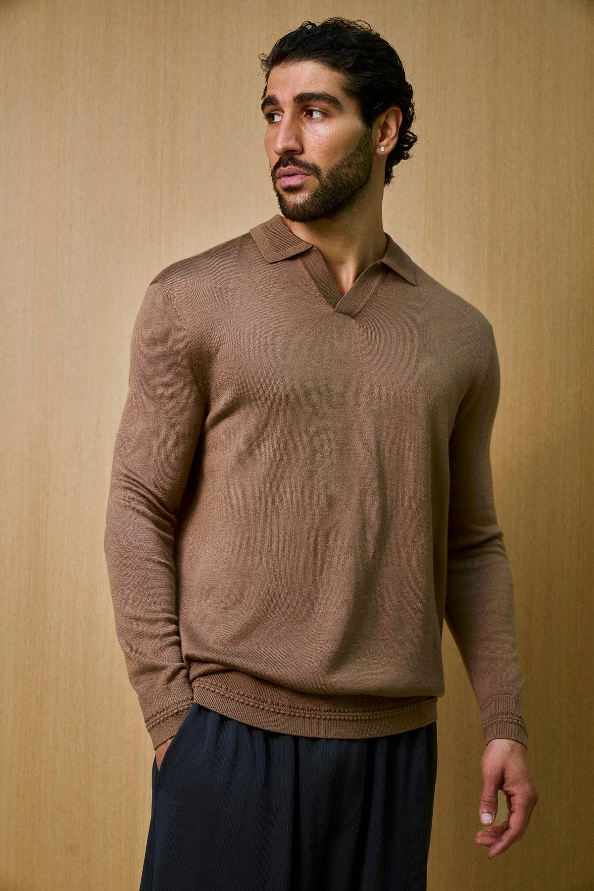 Rivoli Knitted Longsleeve Polo – Taupe
