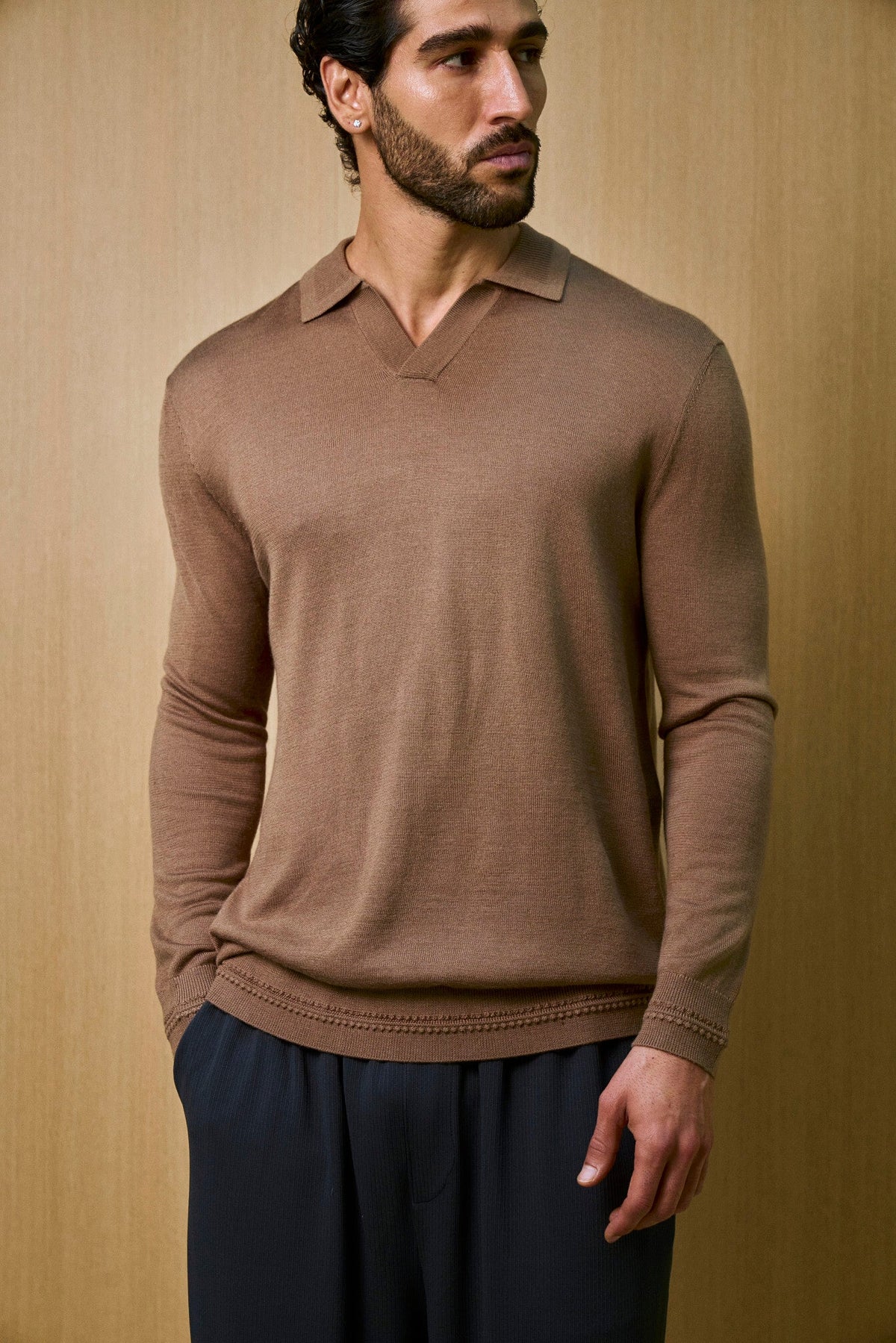 Rivoli Knitted Longsleeve Polo – Taupe