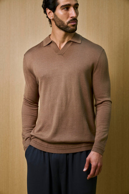 Rivoli Knitted Longsleeve Polo – Taupe