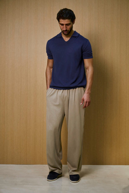 Creme Knitted Short Sleeve Polo – Navy