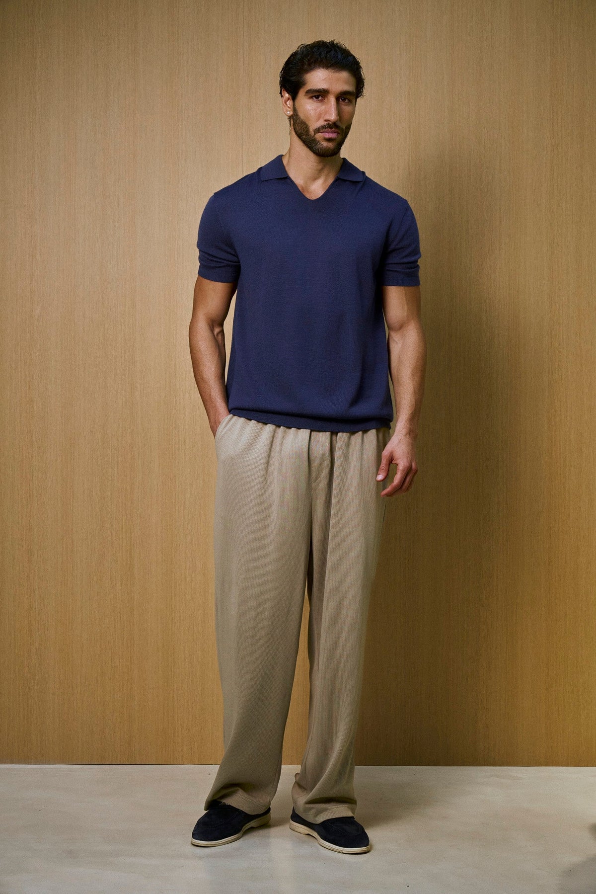 Creme Knitted Short Sleeve Polo – Navy