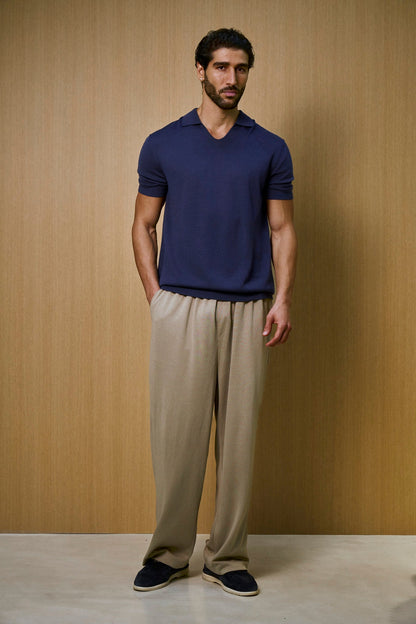 Creme Knitted Short Sleeve Polo – Navy