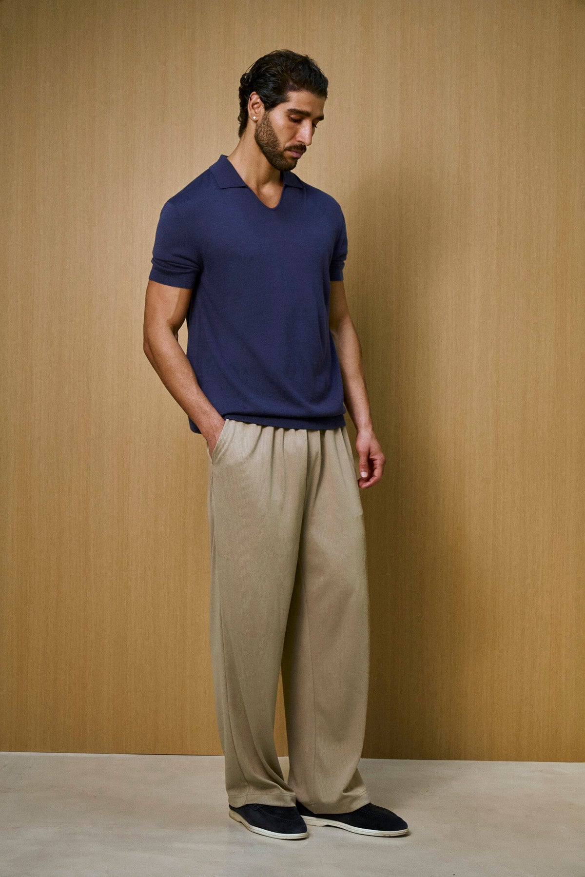 Creme Knitted Short Sleeve Polo – Navy