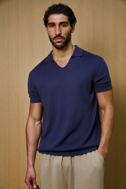 Creme Knitted Short Sleeve Polo – Navy
