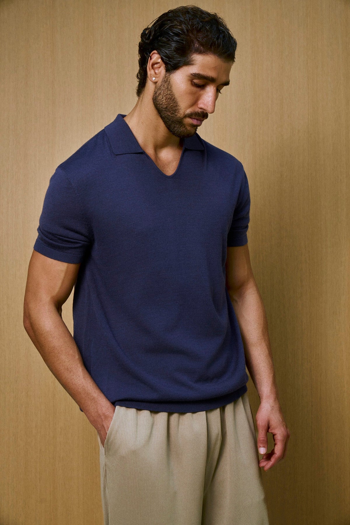 Creme Knitted Short Sleeve Polo – Navy