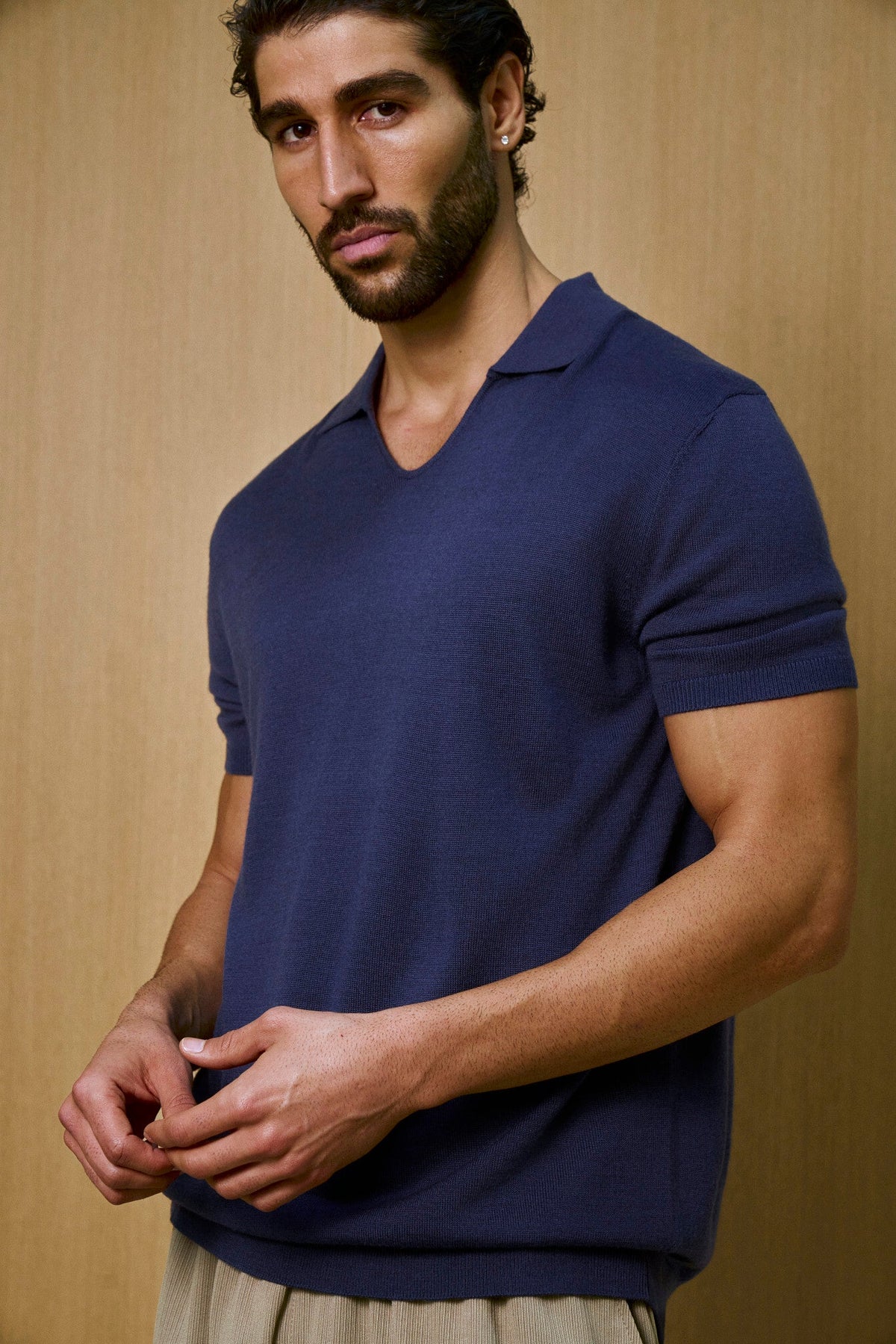 Creme Knitted Short Sleeve Polo – Navy