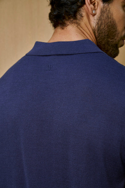 Creme Knitted Short Sleeve Polo – Navy